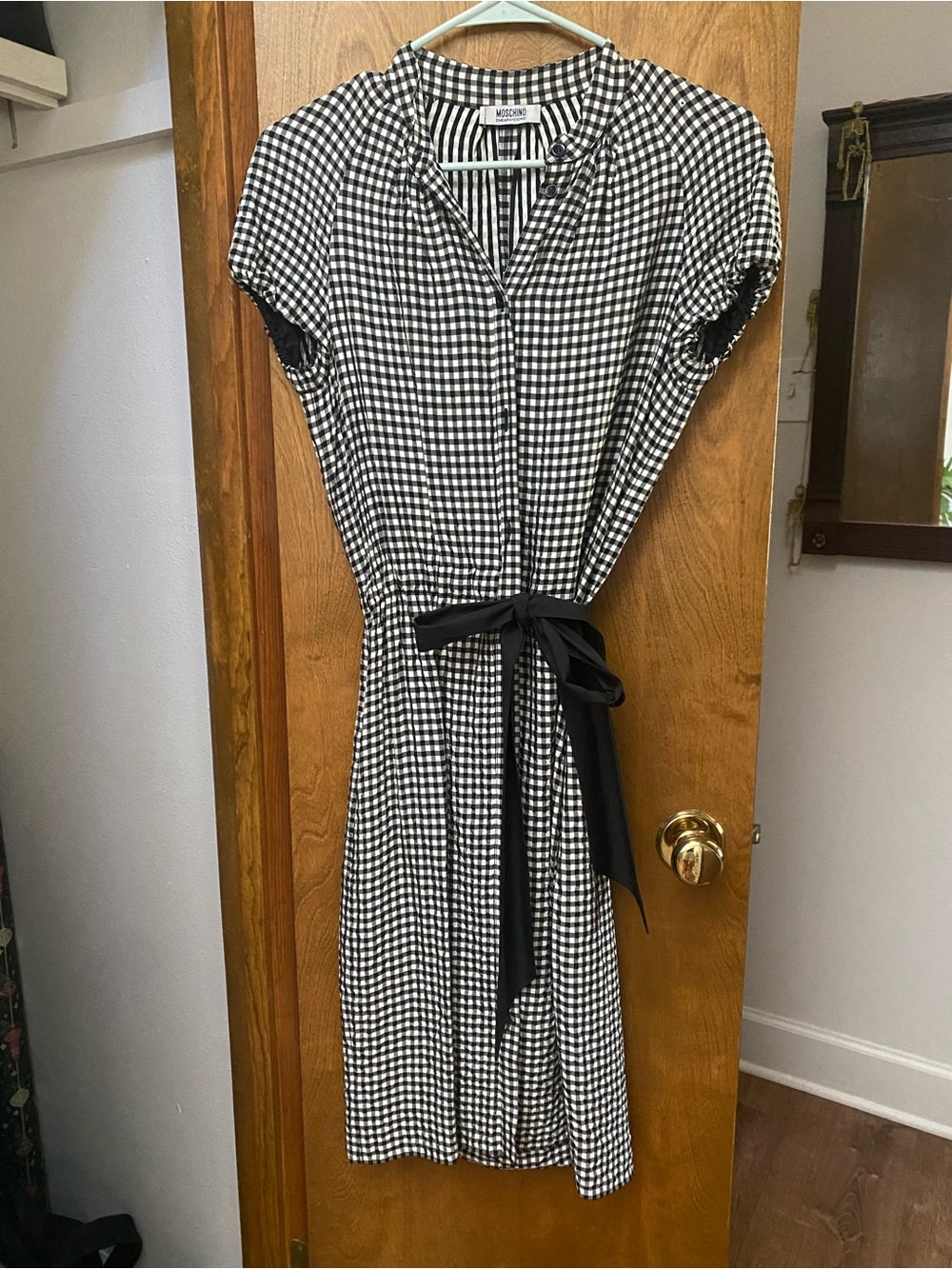 Moschino Black & White Gingham Tie-Waist Shirtdress